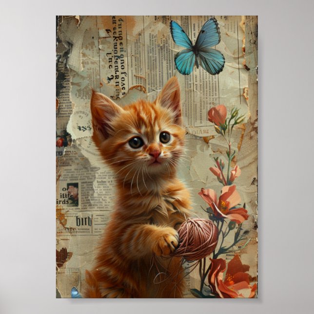 Adorable Ginger Kitten With Yarn blue butterfly Poster (Front)