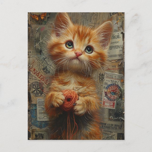 Adorable Ginger Kitten With Yarn collage Postcard (Front)