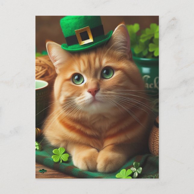 Adorable Ginger Saint Patricks Day Cat Postcard (Front)