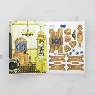 Adorable Gingham Old Fashioned Kitchen, Paper Doll Card