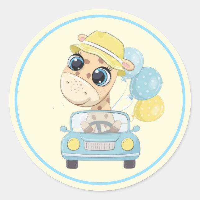 Adorable Giraffe in Car with Balloons  Classic Round Sticker (Front)