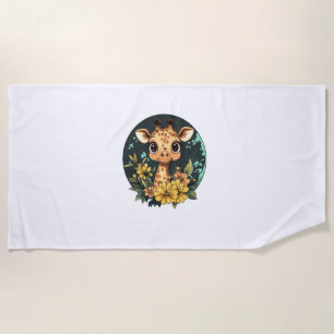 Adorable Giraffe Surrounded By Flowers _3 Beach Towel