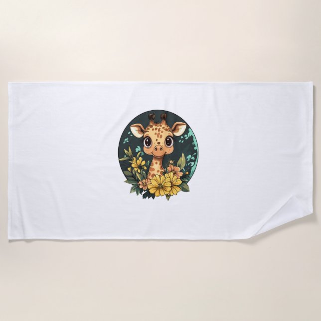 Adorable Giraffe Surrounded By Flowers  _3 Beach Towel (Front)