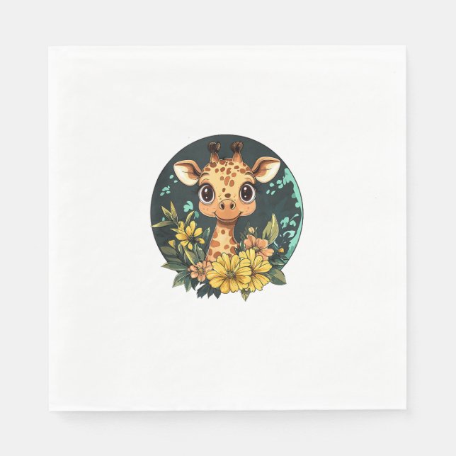 Adorable Giraffe Surrounded By Flowers _4 Napkin (Front)