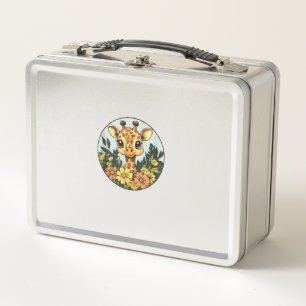 Adorable Giraffe Surrounded By Flowers _5 Metal Lunch Box