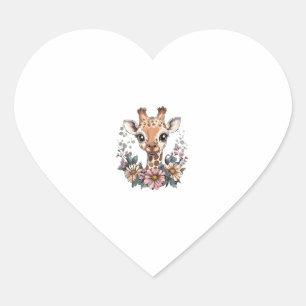 Adorable Giraffe Surrounded By Flowers _6 Heart Sticker