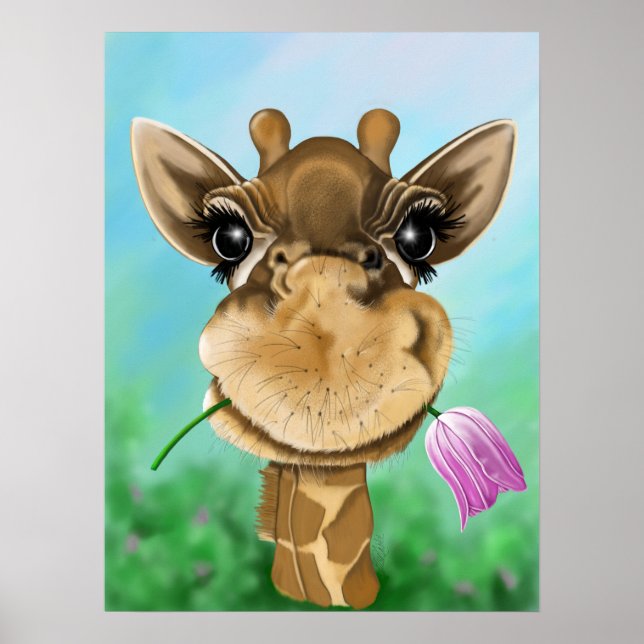 Adorable giraffe with flower poster (Front)