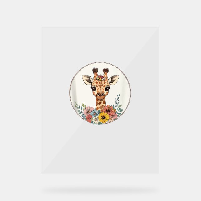 Adorable Giraffe With Flowers  Acrylic Sign (Front)