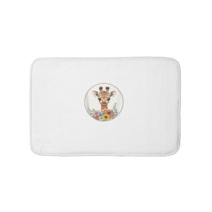 Adorable Giraffe With Flowers Bath Mat
