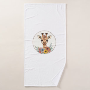 Adorable Giraffe With Flowers Bath Towel