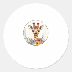 Adorable Giraffe With Flowers Classic Round Sticker