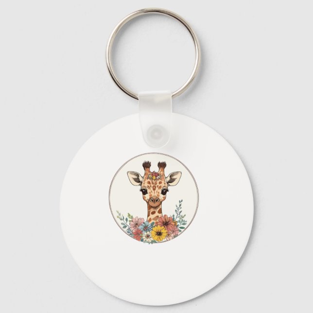 Adorable Giraffe With Flowers   Key Ring (Front)