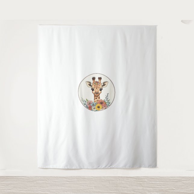 Adorable Giraffe With Flowers  Tapestry (Front)