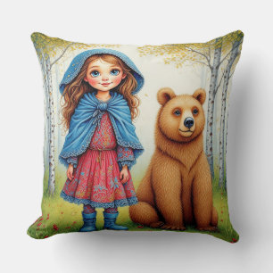 Adorable Girl and Bear in Whimsical Forest Cushion