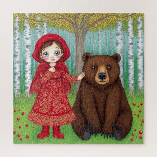 Adorable Girl and Bear in Whimsical Forest Jigsaw Puzzle (Vertical)
