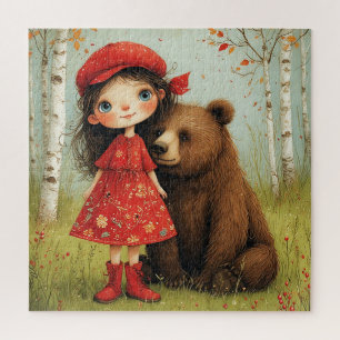Adorable Girl and Bear in Whimsical Forest Jigsaw Puzzle