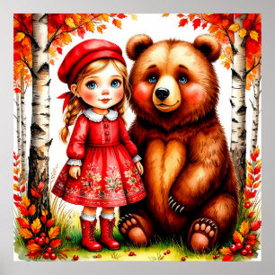 Adorable Girl and Bear in Whimsical Forest Poster