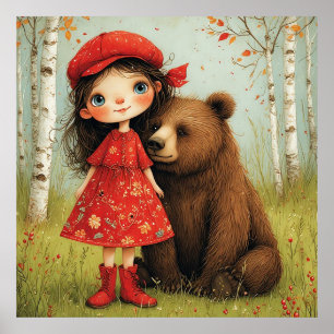 Adorable Girl and Bear in Whimsical Forest Poster