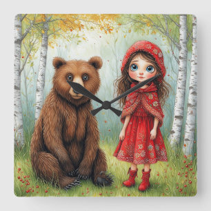 Adorable Girl and Bear in Whimsical Forest Square Wall Clock