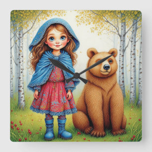Adorable Girl and Bear in Whimsical Forest Square Wall Clock