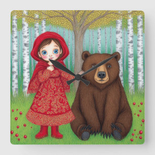 Adorable Girl and Bear in Whimsical Forest Square Wall Clock