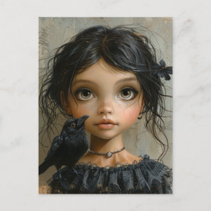 Adorable Girl and her Pet Black Bird Postcard