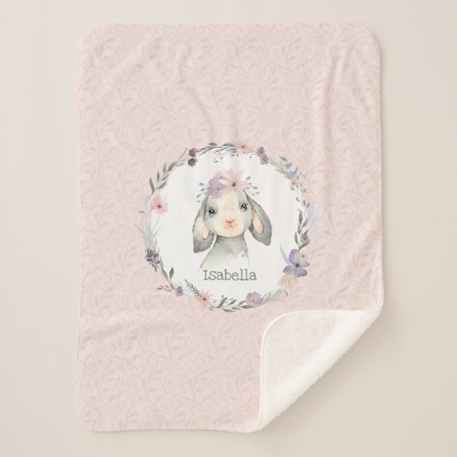 Adorable Girl Baby Lamb with Child's Name Sherpa Blanket (Front)