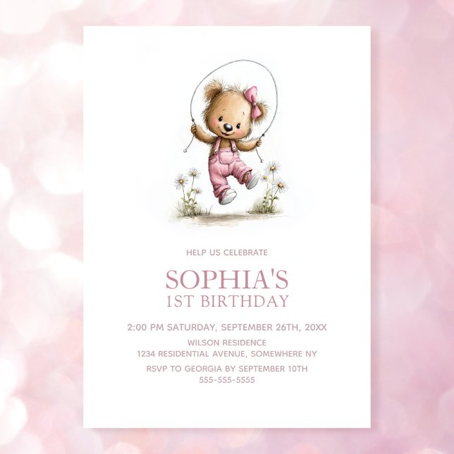 Adorable Girl Teddy Bear 1st Birthday Invitation (Creator Uploaded)