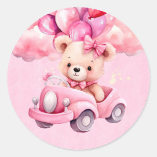 Adorable Girl Teddy Bear Vintage Car Baby Shower Classic Round Sticker