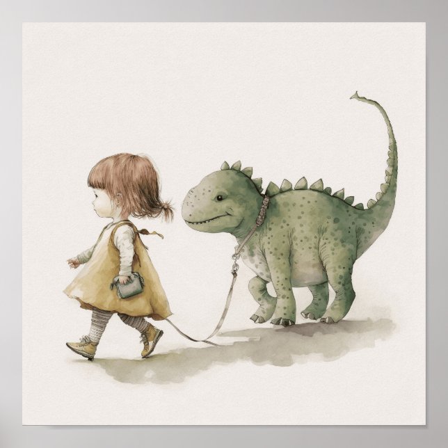 Adorable girl walking dinosaur wall art poster  (Front)