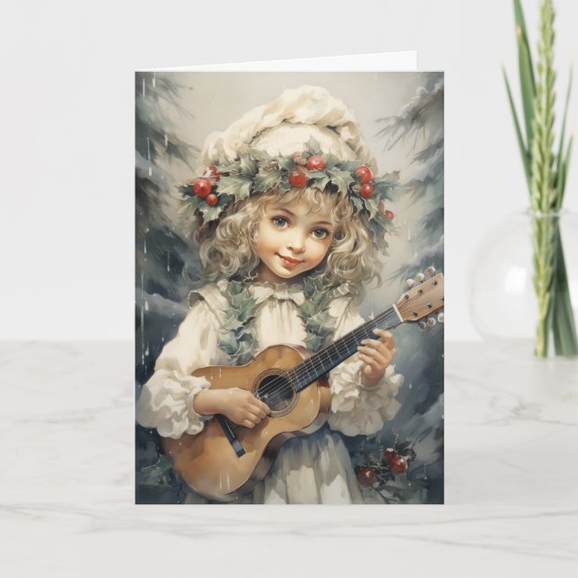 Adorable Girl with a Guitar Christmas Card (Front)