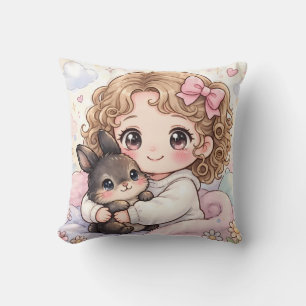Adorable Girl with her Kawaii Bunny Cushion