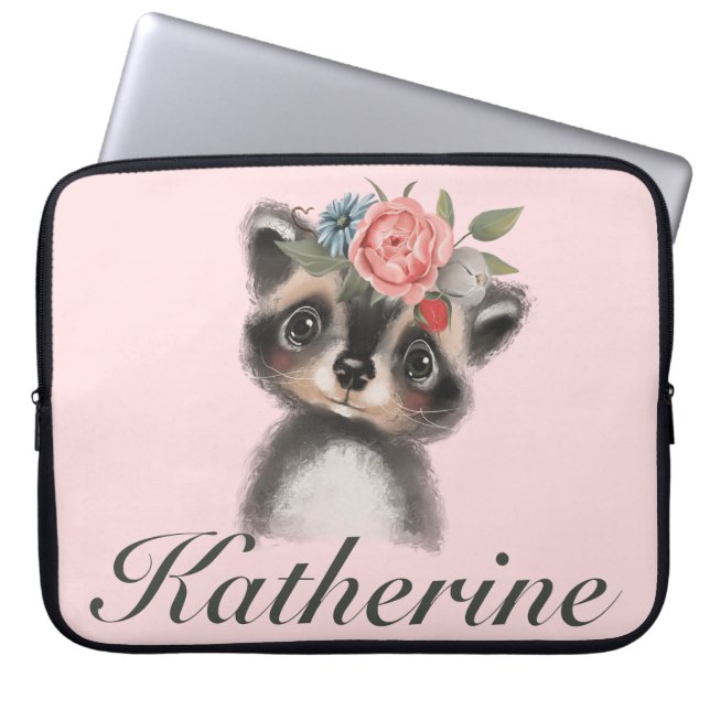 Adorable Girl's Racoon Pink Floral Laptop Sleeve (Front)