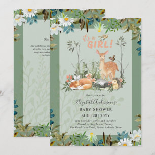 Adorable GIRLS Woodland Deer Baby Shower Green Inv Invitation