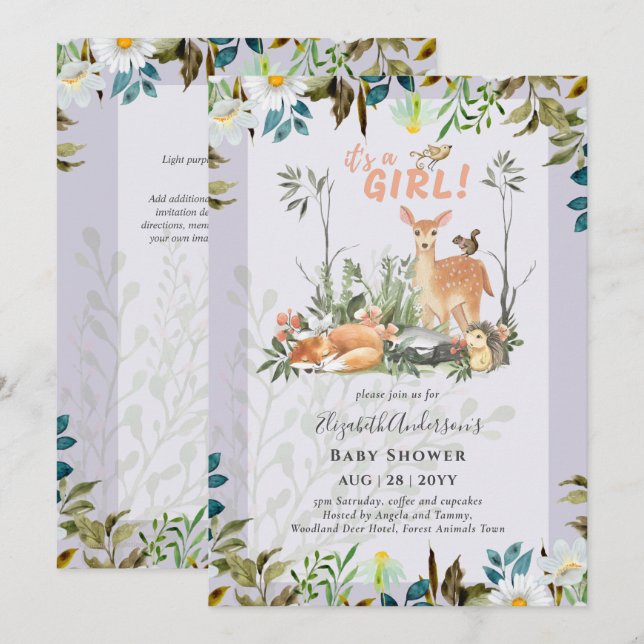 Adorable GIRLS Woodland Deer Baby Shower Lilac Invitation (Front/Back)