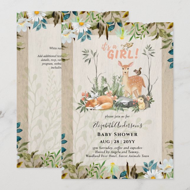 Adorable GIRLS Woodland Deer Baby Shower Rustic In Invitation (Front/Back)
