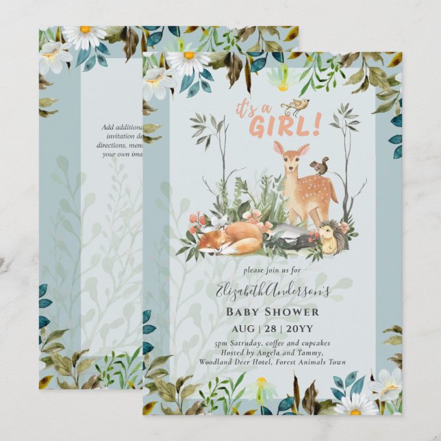 Adorable GIRLS Woodland Deer Baby Shower Sage Invi Invitation (Front/Back)
