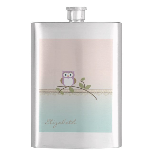 Adorable Girly Cute Owl,Personalised Hip Flask (Front)