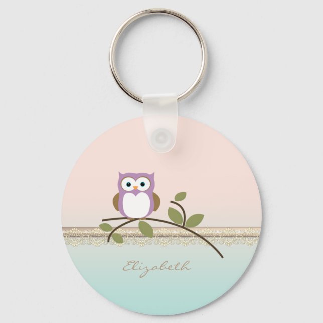 Adorable Girly Cute Owl,Personalised Key Ring (Front)