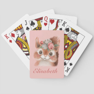 Adorable Girly Pink Floral Squirrel Playing Cards