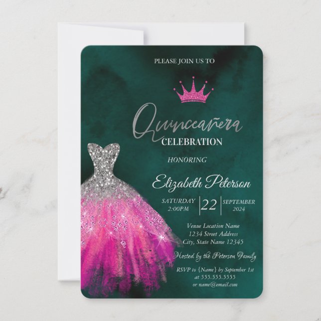 Adorable Glitter Dress,Diamonds Green Sweet 15 In Invitation (Front)