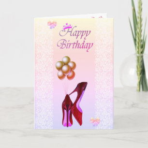Adorable Glitter High Heels,Tiara,Lace,Balloons Card