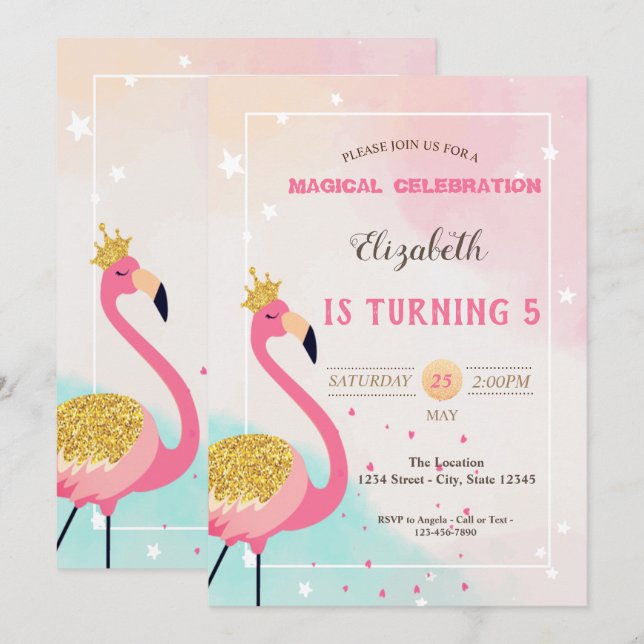 Adorable Glitter Pink Flamingo Birthday Invitation (Front/Back)