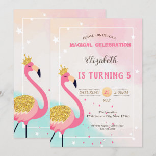 Adorable Glitter Pink Flamingo Birthday Invitation