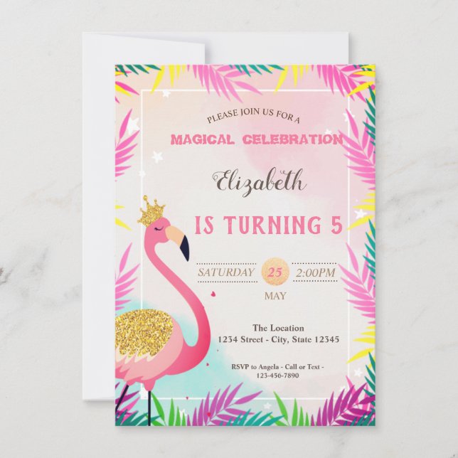 Adorable Glitter Pink Flamingo Palm Leaves Invitation (Front)