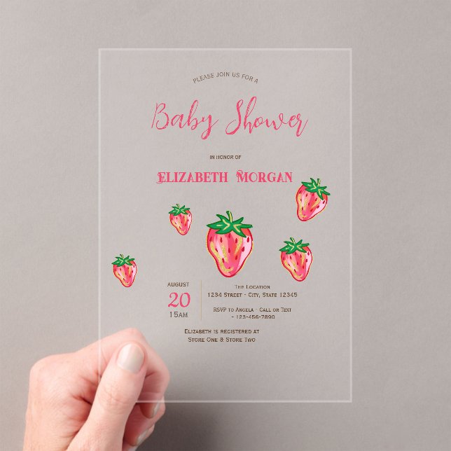 Adorable Glitter Strawberries Dots Baby Shower Acrylic Invitations (Insitu (Handheld))