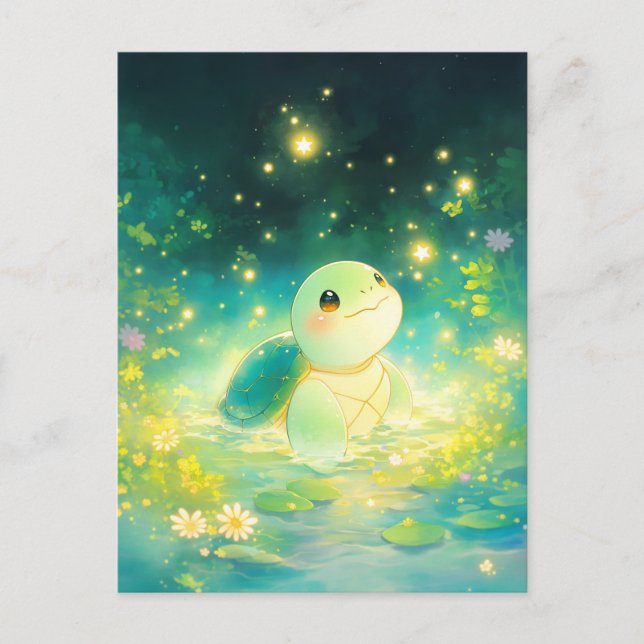 Adorable Glowing Sea Turtle Pond Postcard (Front)