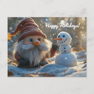 Adorable Gnome and Snowman in a Winter Wonderland Holiday Postcard