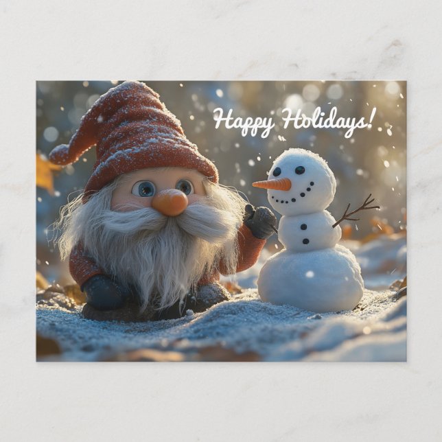 Adorable Gnome and Snowman in a Winter Wonderland Holiday Postcard (Front)