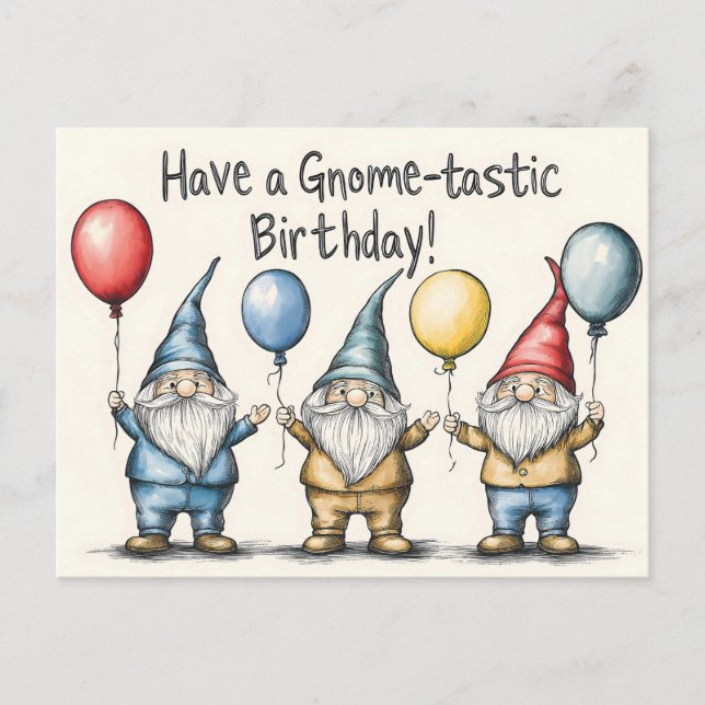 Adorable Gnome Birthday Illustration with Balloons Postcard (Front)